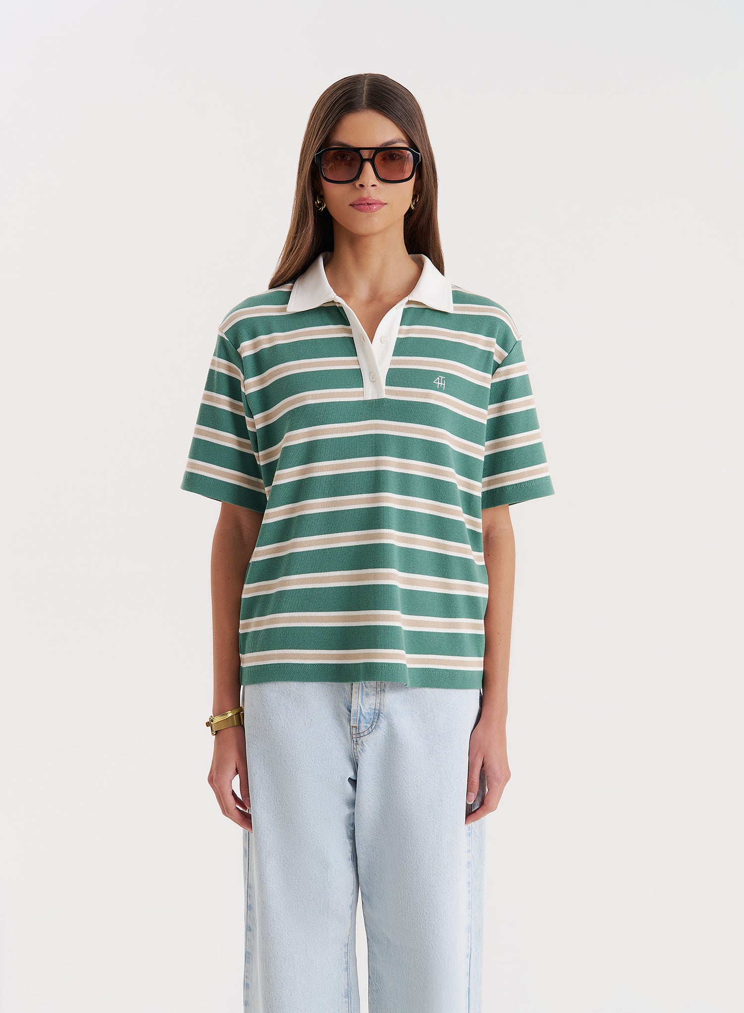 Green Stripe Short Sleeve Polo Top